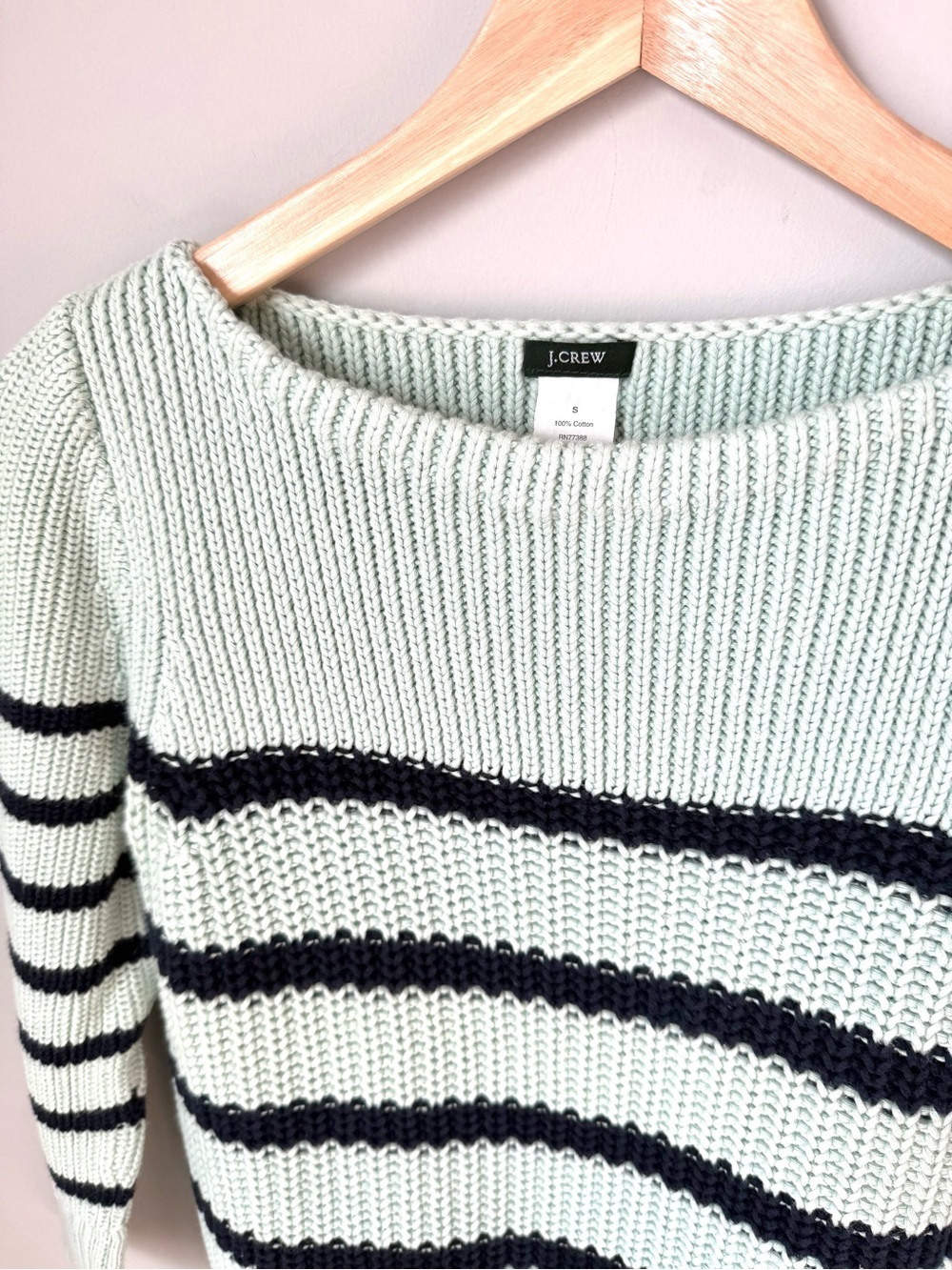 J. Crew Women's Mint Green & Navy Stripe Knit Sweater 3/4 Sleeve - Picture 2 of 3